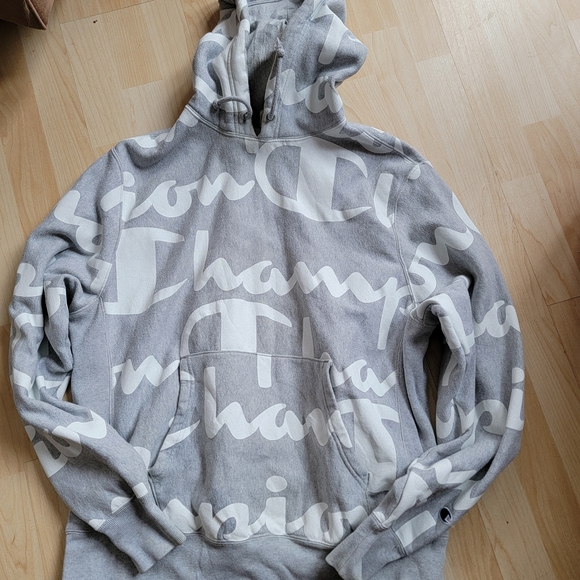 Champion Hoodie Reverse Weave All Over Script Logo Gray White Large Unisex